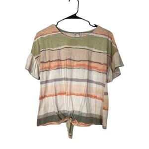 Truself PInk Green White Striped Short Sleeve Front Knot Blouse Women Sz S